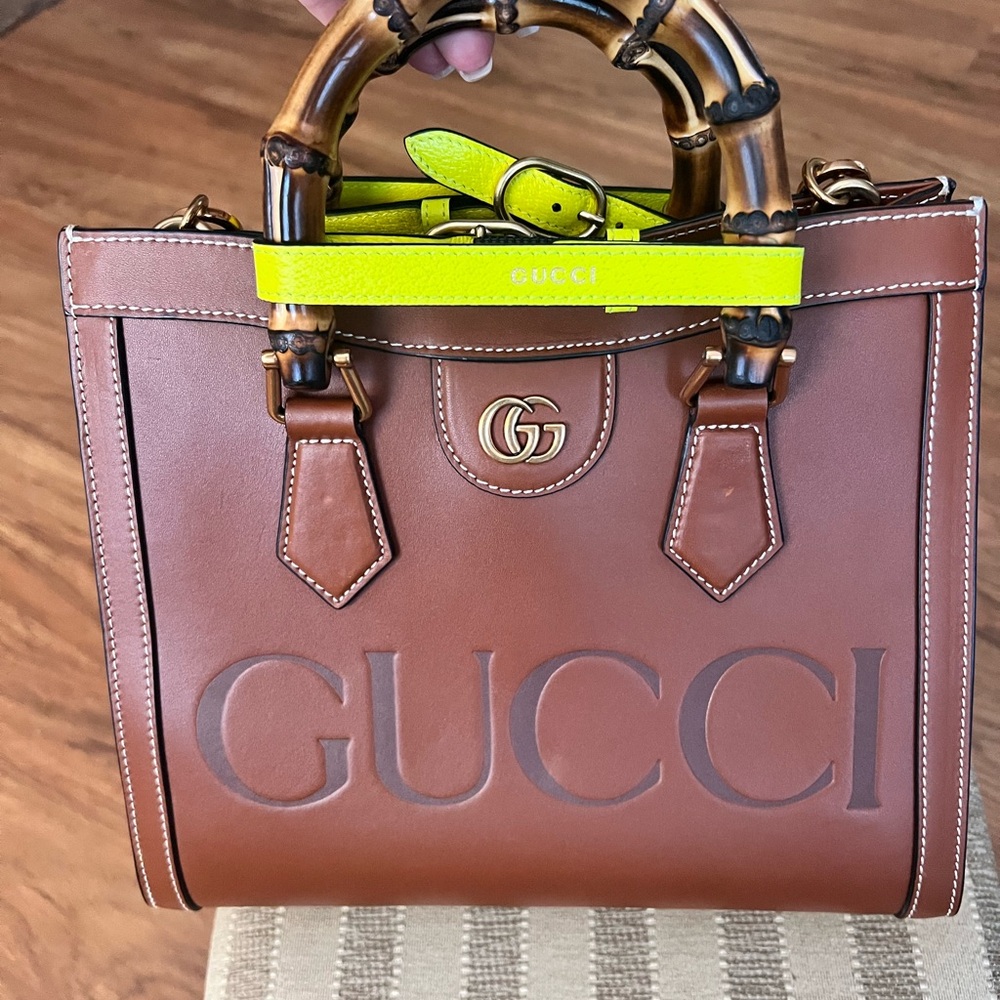 Gucci Brown and Yellow Satchel with Embossed Branding